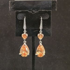 Sparkling Silver and Orange Heart Drop Earrings